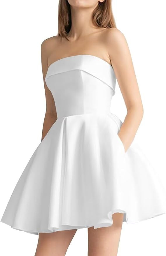 Leeskoot Women's Strapless Satin Short Prom Dress with Pocket A Line Glitter Homecoming Dresses S... | Amazon (US)