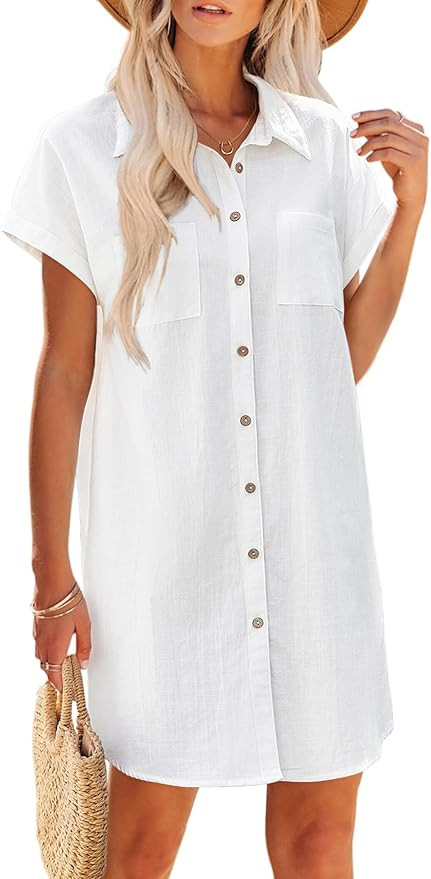 Zeagoo Women's Summer Dress 2025 Cotton Button Down Short Sleeve Tshirt Dresses Casual Flowy V Ne... | Amazon (US)