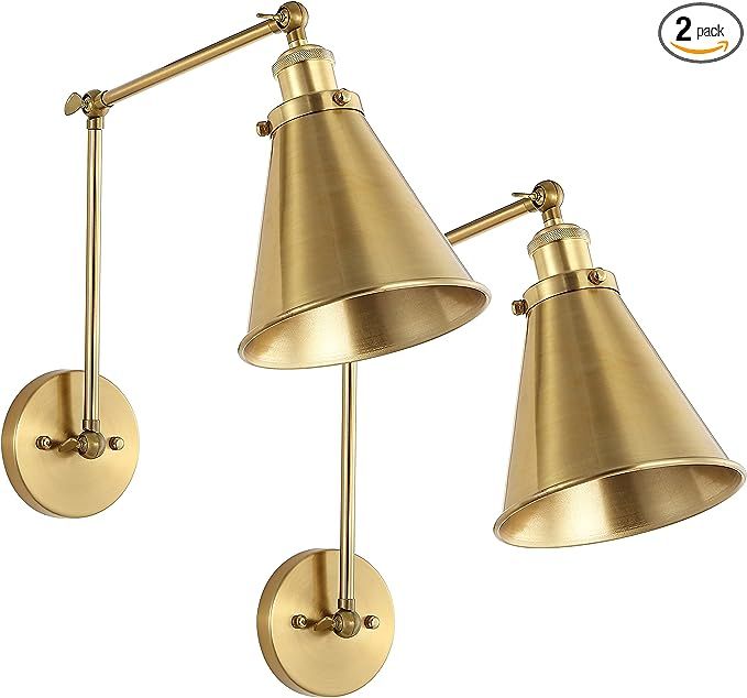 WINGBO Swing Arm Adjustable Wall Lamps Set of 2 Brass Hardwired Light Fixture Up Down Metal Shade... | Amazon (US)
