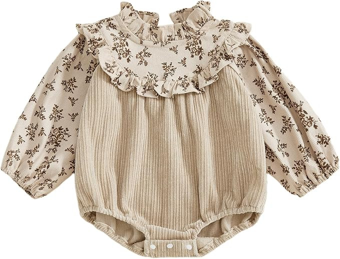 Baby Girl Bubble Romper Flower Print Long Sleeve Corduroy Bodysuit Smocked Jumpsuit Infant One Pi... | Amazon (US)
