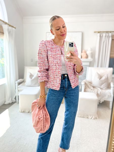 Spring tweed blazer. Love mixing this with denim for a more casual look. Linking all the matching pieces!
I sized one size down in the blazer and one size down in the jeans. They do have a little stretch in the fabric. Really comfy! 


#LTKworkwear #LTKitbag #LTKstyletip