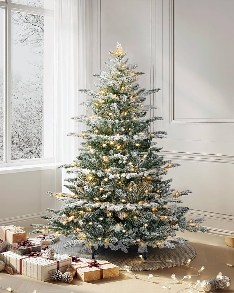 4.5FT Pre-Lit Flocked Aspen Fir Artificial Christmas Tree, PE & PVC 457 Branch Tips Full Prelight... | Amazon (US)