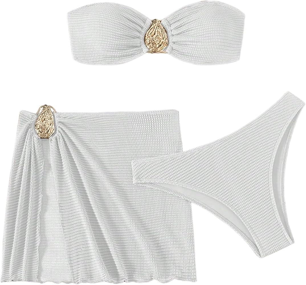 GORGLITTER Women's Strapless Bandeau Swimsuits High Waisted Cheeky Metal Bikini Sets with Bathing... | Amazon (US)