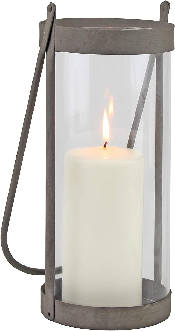 Stonebriar Industrial Glass Cylinder Hurricane Candle Lantern with Rustic Zinc Metal Frame and Ha... | Amazon (US)