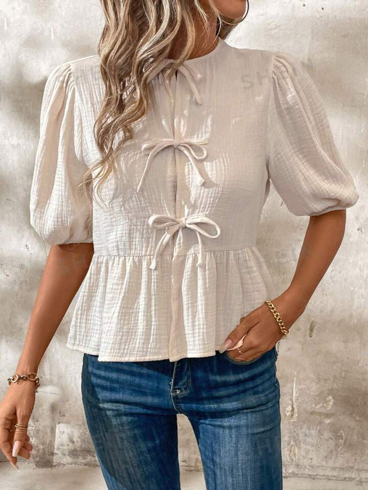 SHEIN Clasi Women's Summer Front Tie Short Puff Sleeve Peter Pan Collar Top With Ruffle Hem Back ... | SHEIN