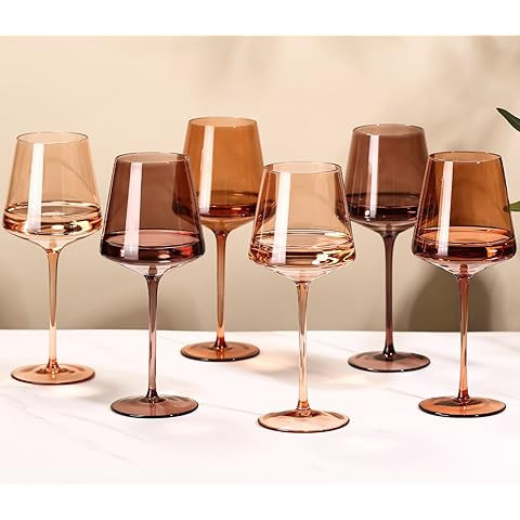 Brown Wine Glasses Set of 6 – 16oz Handblown Amber Stemmed VENUS Wine Glass, Millard Style Wine... | Amazon (US)
