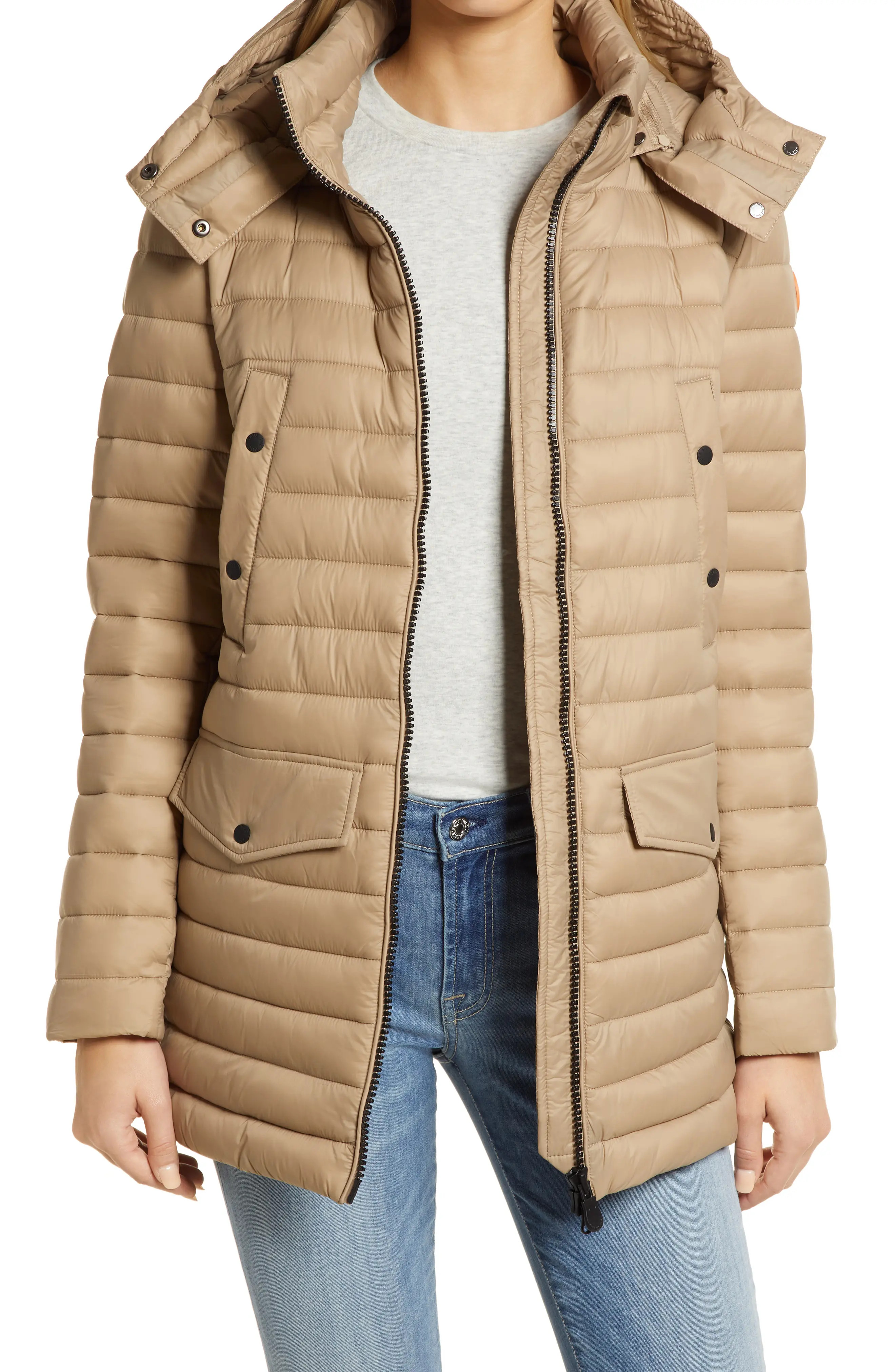 Save The Duck Abigail Hooded Water Repellent Puffer Jacket, Size Medium in Macaroon Beige at Nordstr | Nordstrom