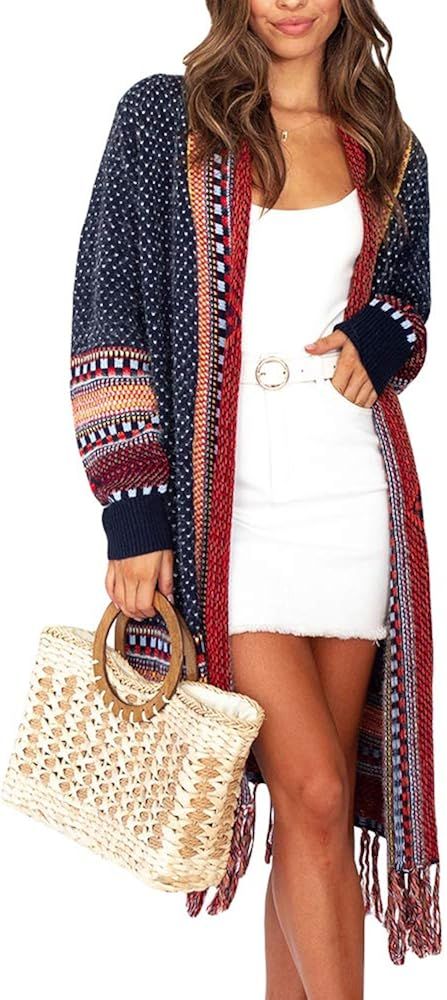 FERBIA Women Boho Cardigan Sweater Long Open Front Maxi Knit Sweaters Aztec Tribal Tassel Fringe ... | Amazon (US)