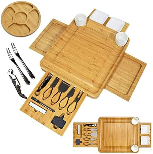 Cheese Board 2 Ceramic Bowls 2 Serving Plates. Magnetic 4 Drawers Bamboo Charcuterie Cutlery Knife S | Amazon (US)