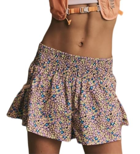 Women Flowy Athletic Shorts High Waisted Floral Ruffle Running Workout Shorts Smocked Tiered Butterfly Active Shorts with Side Pockets(Boho Orange,Medium) | Amazon (US)