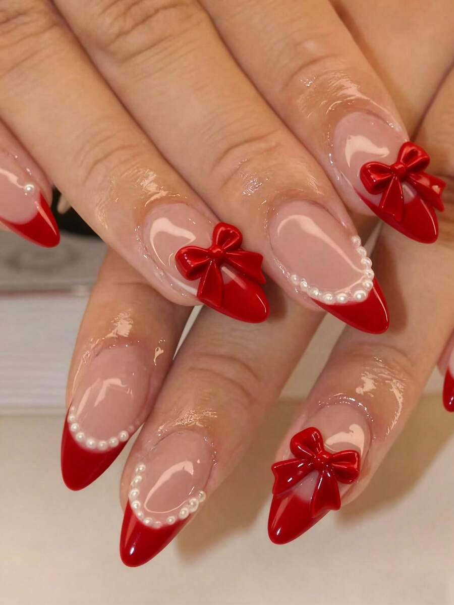 ARTAUG 24pcs Red Almond Shaped False Nails, Decorated With 3D Bow Knot And Pearl, Instantly Eleva... | SHEIN