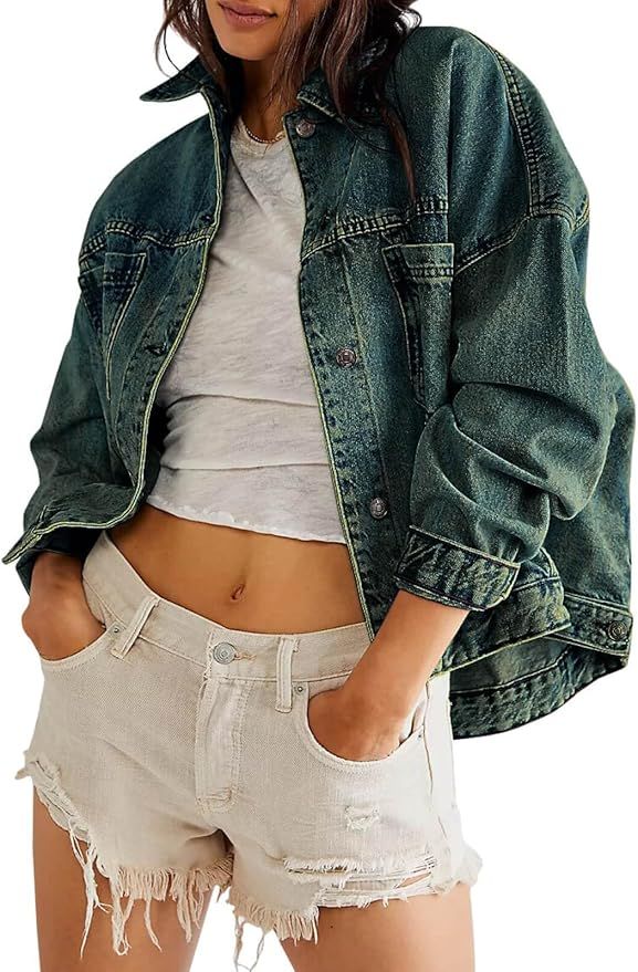 Fisoew Womens Oversized Denim Jacket Long Sleeve Button Down Casual Jean Coats with Pockets | Amazon (US)