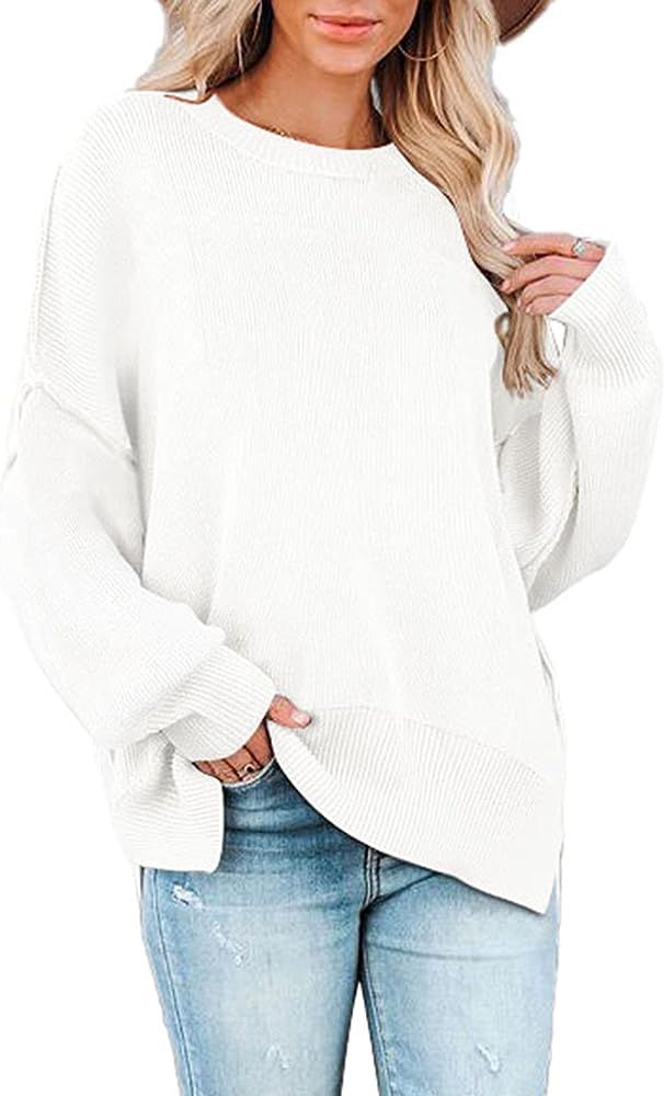 Pink Wind Women's Long Sleeve Oversized Pullover Sweater Crewneck Side Slit Knit Jumper Tops | Amazon (US)