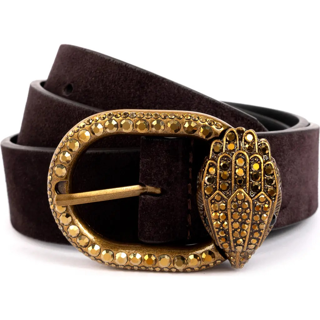 Kurt Geiger London Mayfair Suede Belt in Dark Brown/Antique Brass at Nordstrom, Size X-Small | Nordstrom
