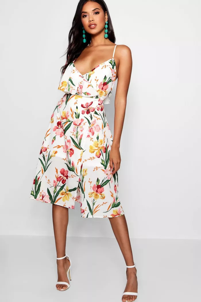 Tasha Floral Ruffle Open Back Midi Skater Dress | Boohoo.com (US & CA)