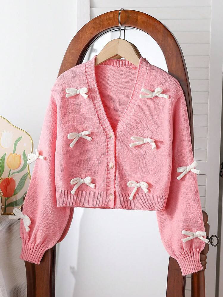SHEIN Tween Girl Casual Knit Cardigan Sweater, Soft, Comfortable, Chic, Butterfly Decor, Long Sleeve, Cropped, Suitable For Daily, School, Outdoor, Party, Autumn Winter | SHEIN
