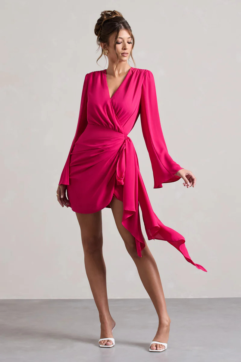 Alinta  Hot Pink Long-Sleeve Wrap Mini Dress | Club L London