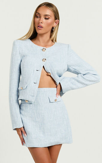 Olympia Mini Skirt - High Waisted A Line Boucle Skirt in Pale Blue | Showpo (US, UK & Europe)