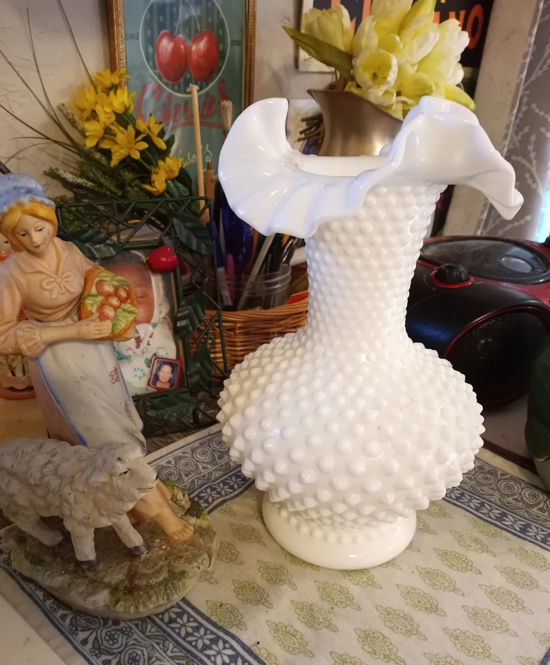 Vintage Fenton Large Hobnail Ruffled, Crimped White Milk Glass Vase, 11 Tall, 6.5 Wide, USA, 1970... | Etsy (US)