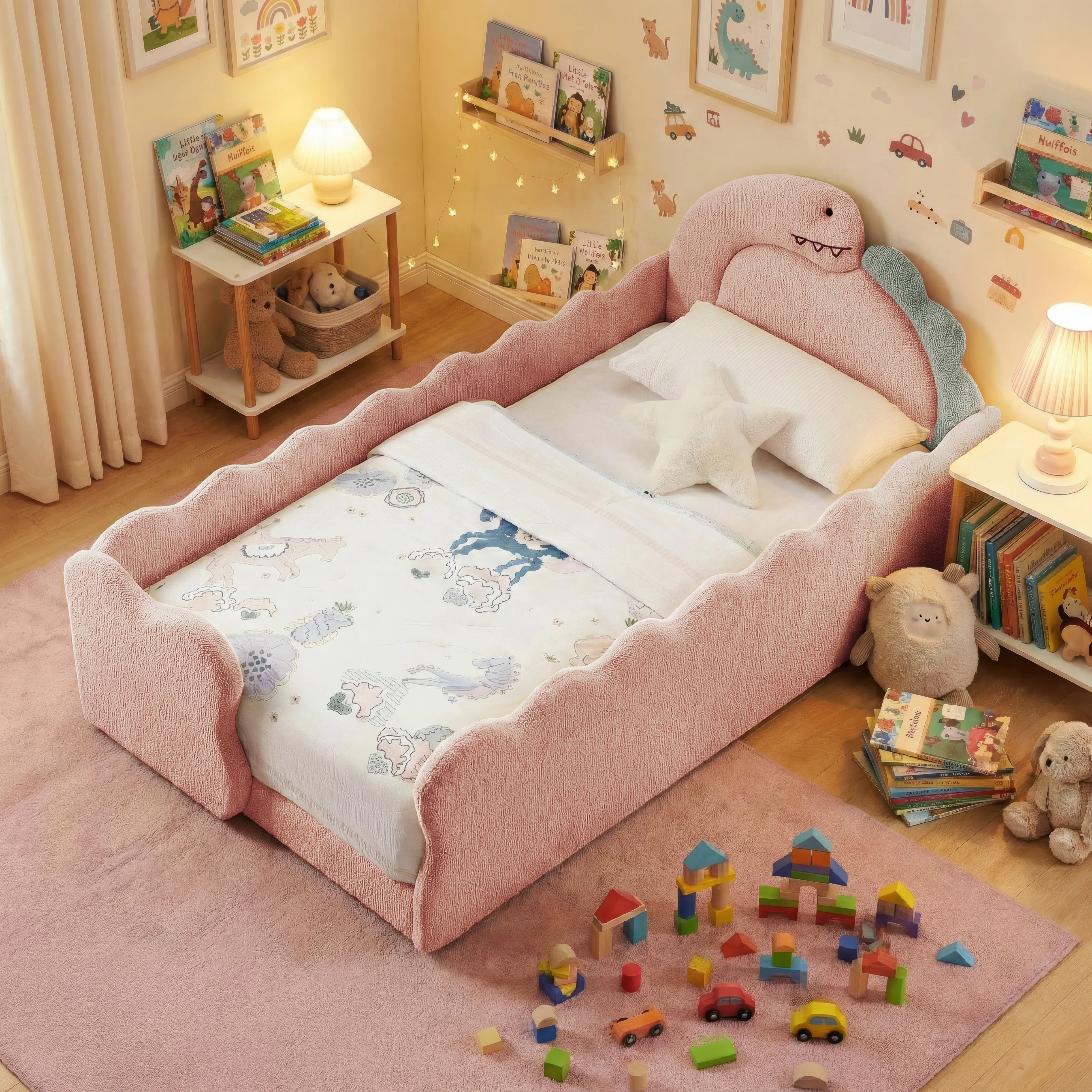 Boucle Upholstered Dinosaur-Shaped Kids Bed With Safety Guardrails And Solid Wood Slat Support | Wayfair North America