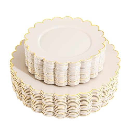 LIYH 60 Pcs Plastic Ivory and Gold Scalloped Plates - Disposable Fancy Combo Plates Includes 30 Dinner Plate 10.25" and 30 Dessert Plate 7.5" Plastic Heavy Weight Party Tableware Dishes | Amazon (US)