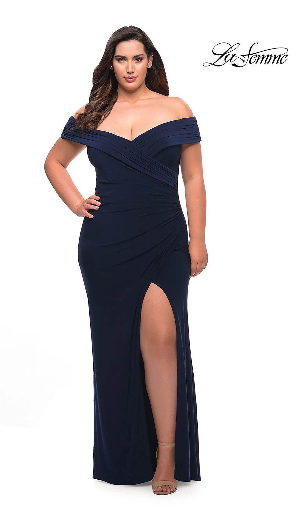 Long Off-Shoulder Navy Blue Plus-Size Prom Dress | Prom Girl