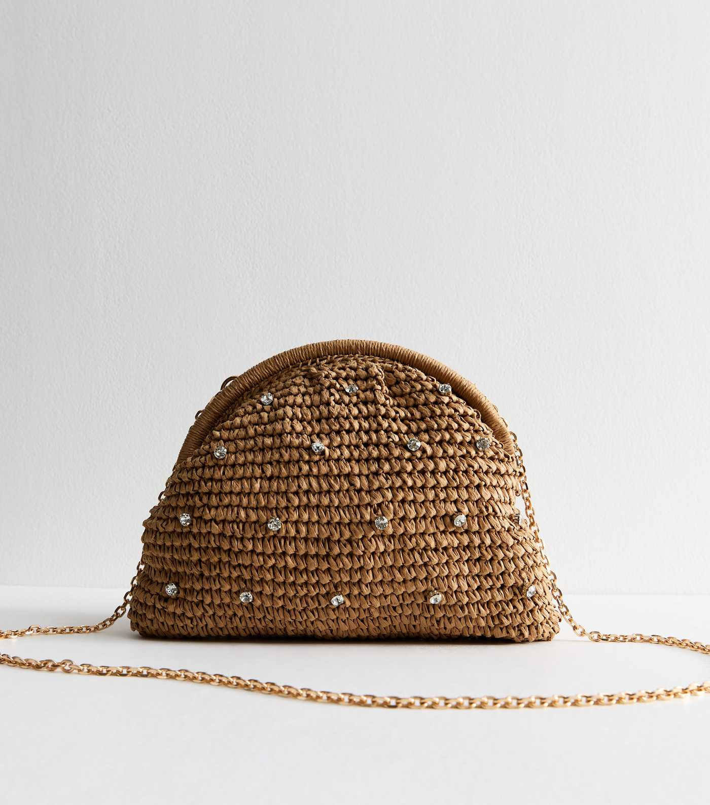 Stone Diamanté Stud Raffia Look Slouchy Clutch Bag | New Look | New Look (UK)