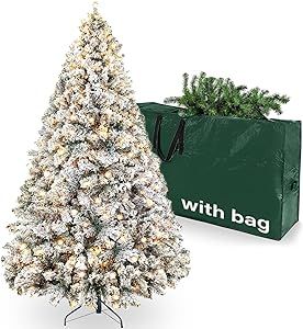 7d24hcare 6.5ft Pre-Lit Snow Flocked Christmas Tree, Artificial Xmas Tree W/Storage Bag, Metal St... | Amazon (US)