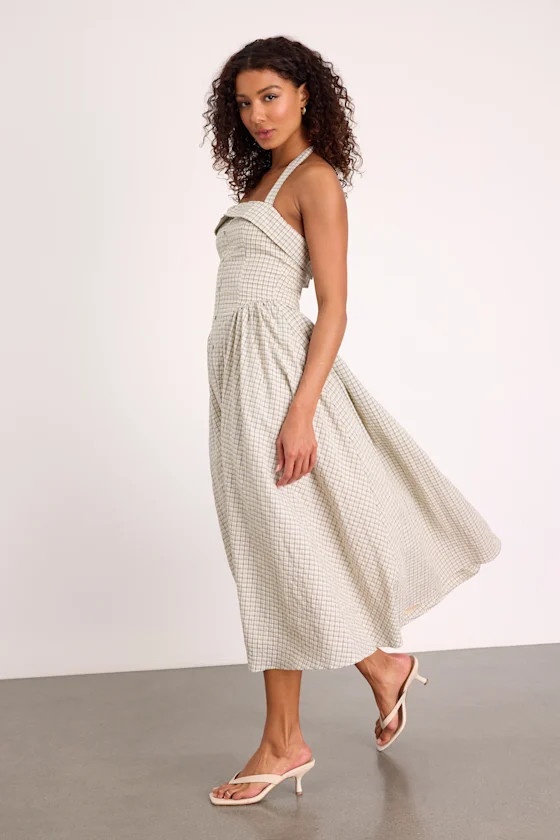 Shirley Cream Plaid Halter Button-Front Midi Dress | Lulus