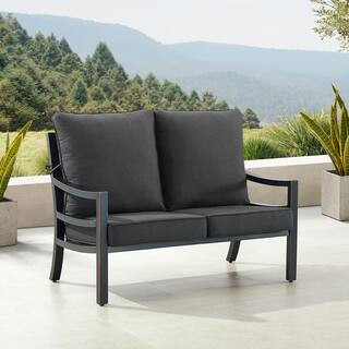 Black 1-Piece Aluminum Outdoor Loveseat with Black Cushion | The Home Depot