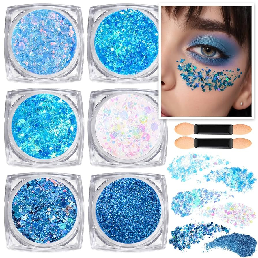 Teenitor Face & Body Glitter - Blue, Hair Glitter Gel, 6 Shapes Festival Makeup Glitter for Face,... | Amazon (US)