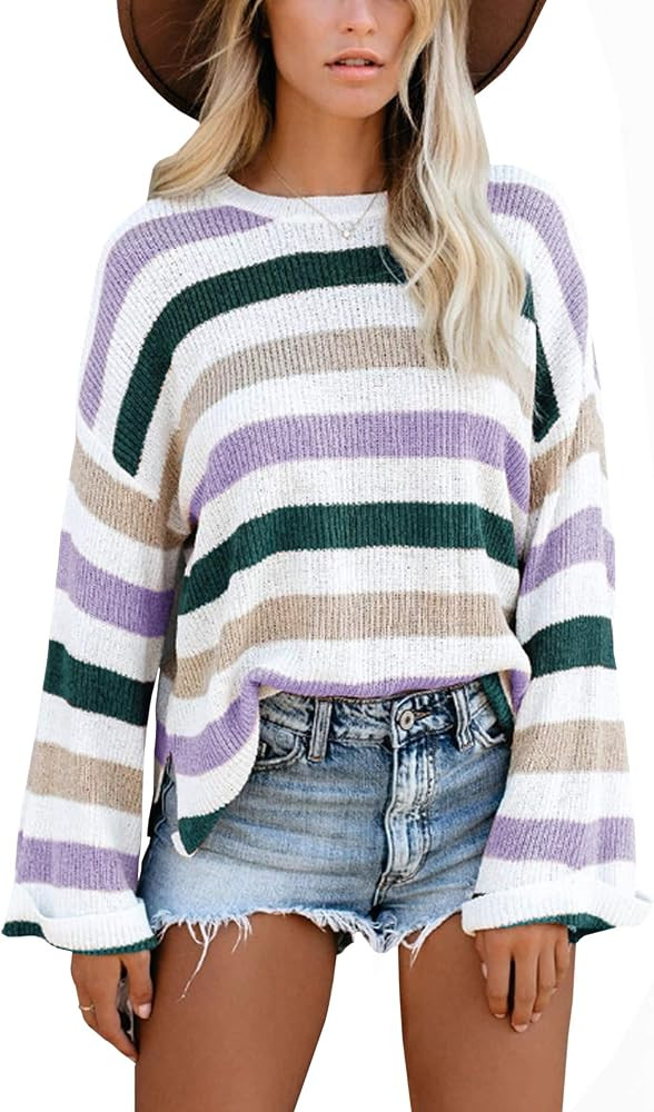 Hibluco Women's Round Neck Bell Long Sleeve Color Block Knit Sweater Casual Pullover Jumper Tops | Amazon (US)