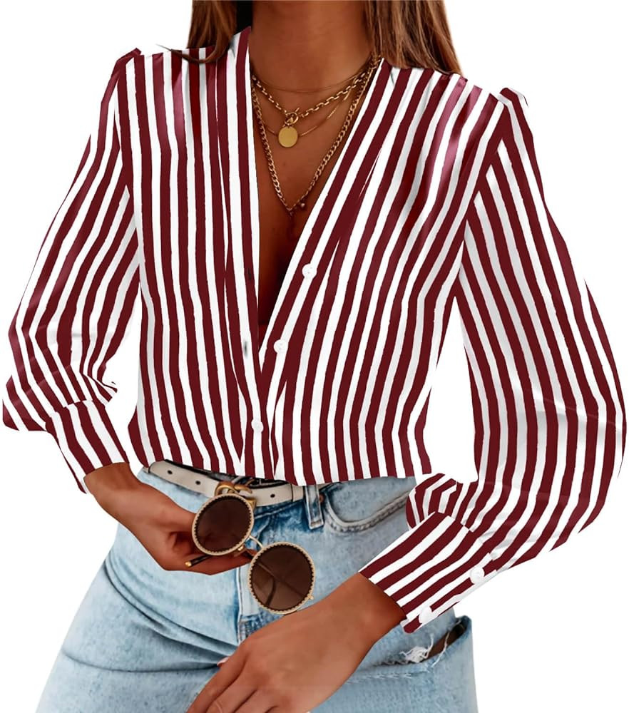 Women's Business Casual Tops Summer Long Sleeve Button Down Shirts V Neck Chiffon Blouses | Amazon (US)