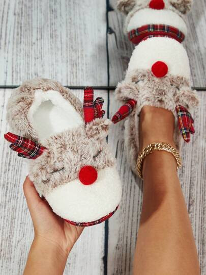 Fall/Winter Cute Cartoon Deer Fluffy Warm House Slippers For Women, Winter,Christmas Slippers | SHEIN