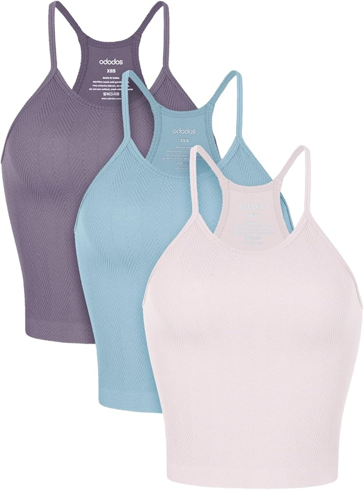 ODODOS Women's Crop 3-Pack Herringbone Knit Seamless Soft Camisole Crop Tank Tops | Amazon (US)