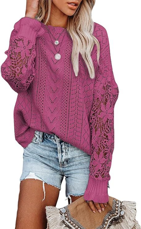 AlvaQ Women Lace Crochet Long Sleeve Crewneck Sweaters Winter Knit Pullover Jumper Tops | Amazon (US)