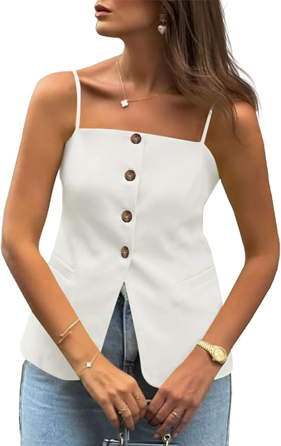 Cicy Bell Womens Summer Spaghetti Strap Vest Tops Dressy Casual Button Down Waistcoat Fitted Spli... | Amazon (US)