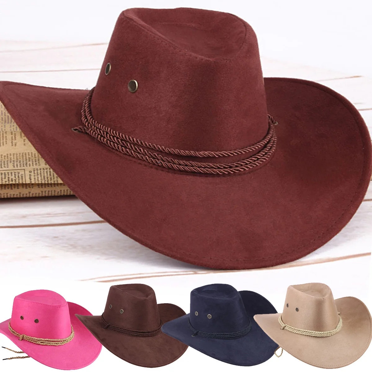 Ludlz Unisex Western Cowboy Hat Fedora Outdoor Wide Brim Hat with Strap for Mens Women | Walmart (US)