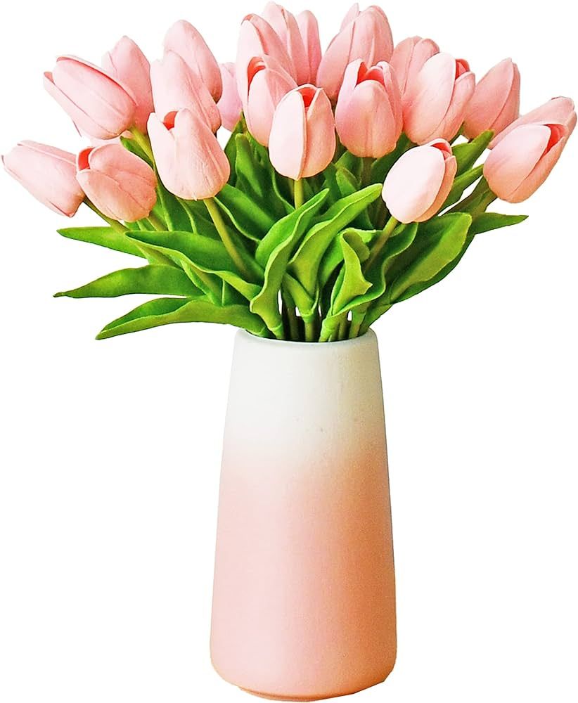 Mandy's 28pcs Artificial Light Pink Tulips Silk Flowers 13.5" with Gradient Pink Ceramic Vase for... | Amazon (US)