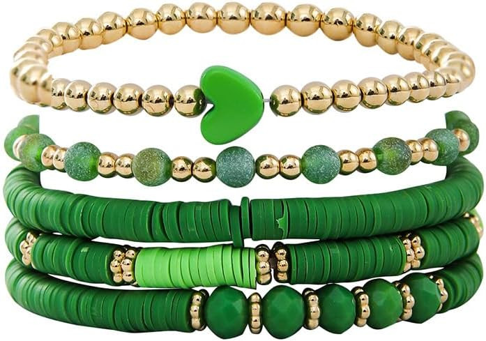 WJR 5Pcs Heishi Beaded Stretch Bracelets Bohemian Stackable Bracelet Heart Clay Gold Beaded Brace... | Amazon (US)