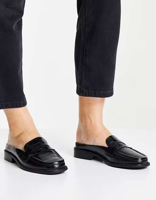 ASOS DESIGN Wide Fit Maximal 90s mule loafers in black croc | ASOS (Global)