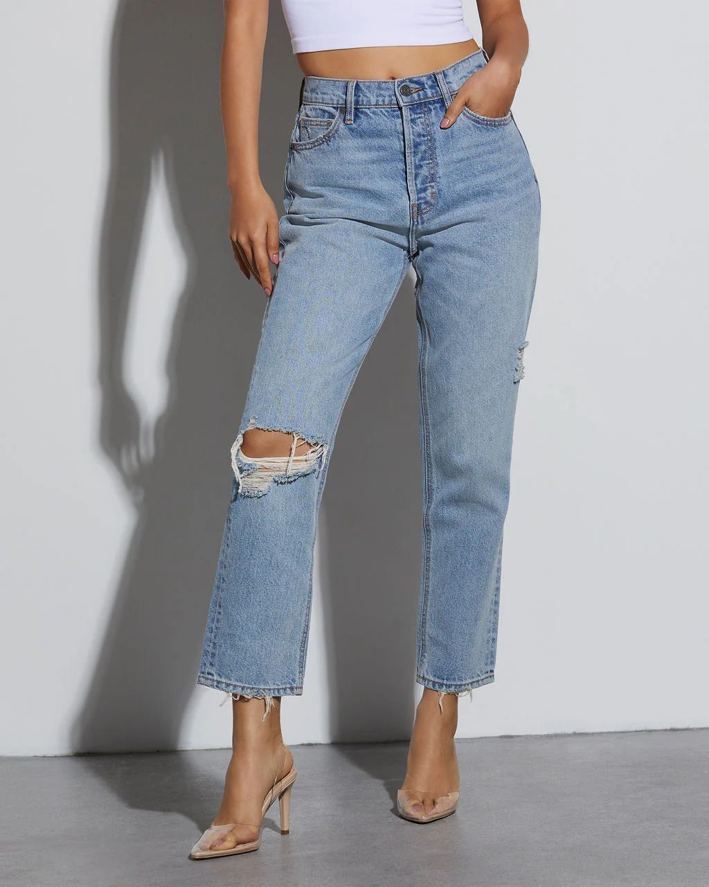 Ryan High Rise Rigid Distressed Straight Jeans | VICI Collection