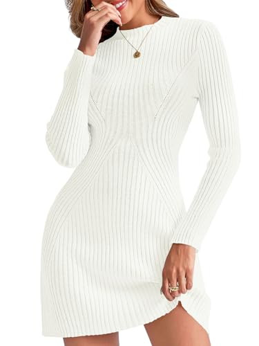 Saodimallsu Womens Long Sleeve Sweater Dress Bodycon Crew Neck Fall Slimming Knit Mini Dresses White | Amazon (US)