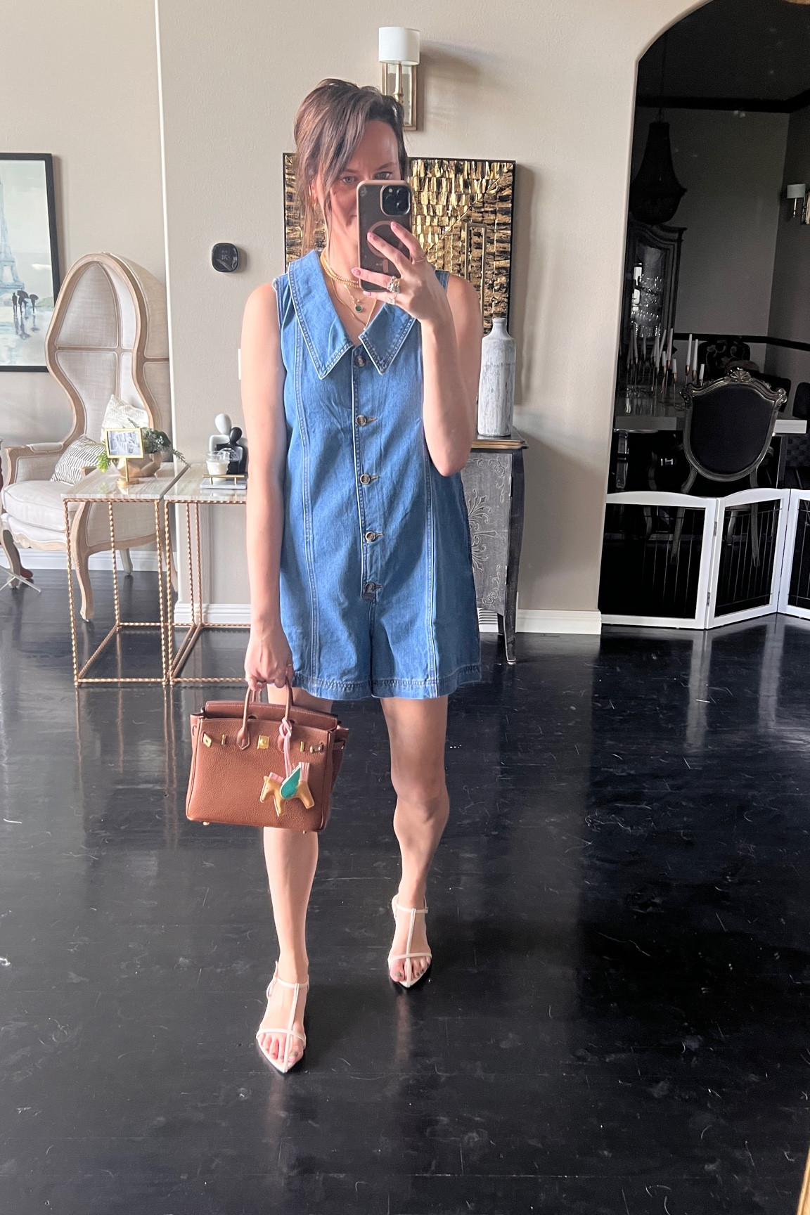 Wearing a medium in the romper. Size down in sandals if you have a narrow foot. Wearing a 9 
Bag is from avona paris 