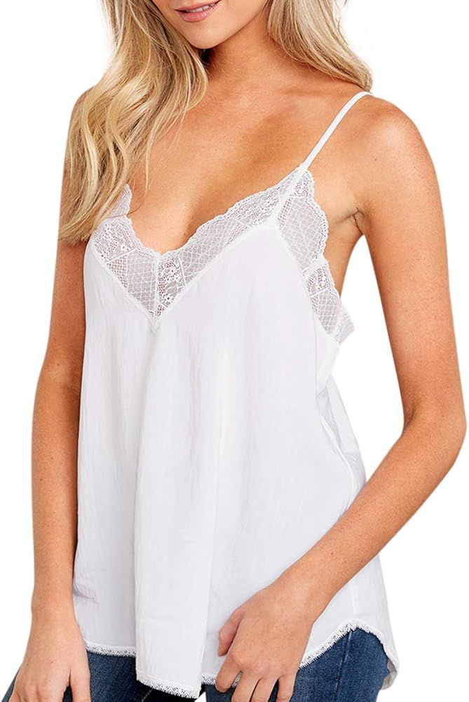 Women Halter Tank Tops Lace Crochet V Neck Strappy Loose Camisole Vests Shirt | Amazon (US)