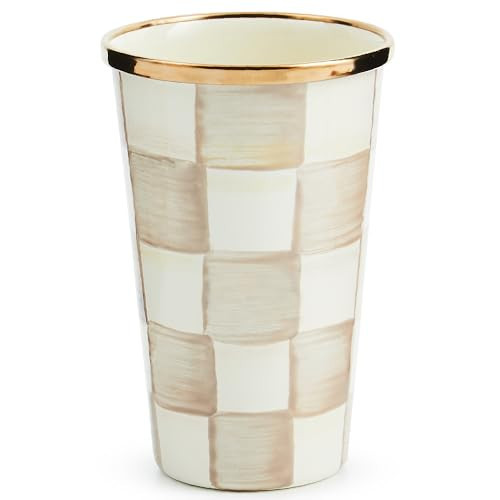 MACKENZIE-CHILDS Enamel Tumbler, Open Tumbler Cup, Cute Enamel Cup, 10 Ounces, Brown-and-White Mocha Check | Amazon (US)