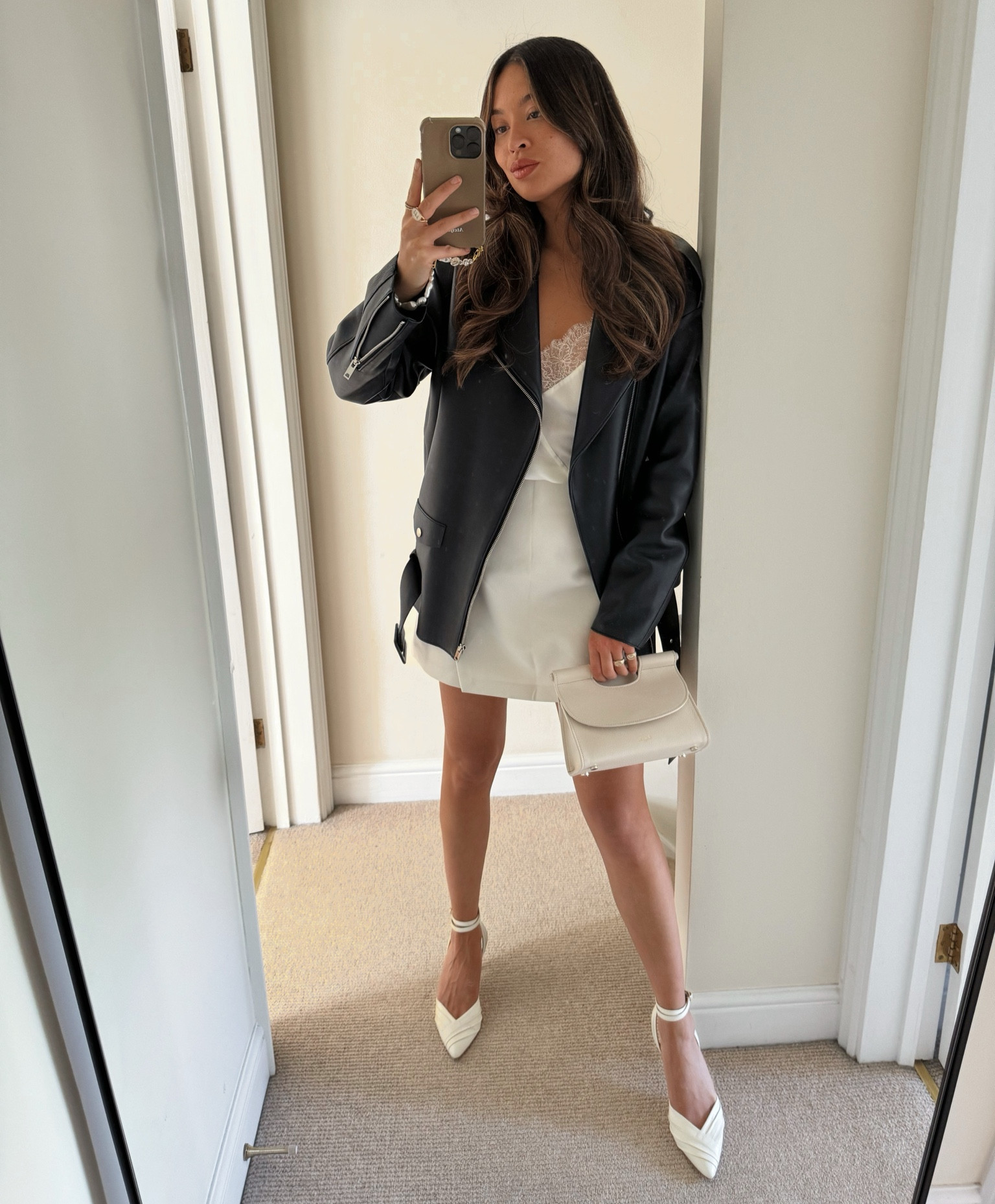 My dinner look (my bag and shoes are from @BOBBIES but they’re not on LTK) linked under my “april links” night on instagram! #leatherjacket #springjacket 