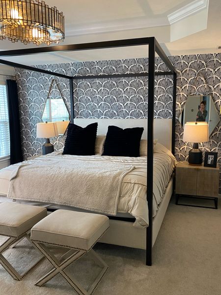 Bedroom decor-
King size bed and black cream & tan decor 