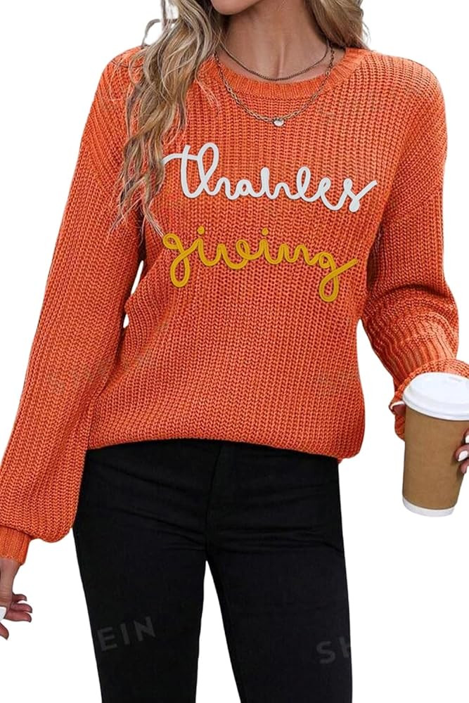MARZXIN Women 2024 Red Sandalwood Thanks Giving Letter Graphic Crew Neck Sweater Casual Pullover ... | Amazon (US)