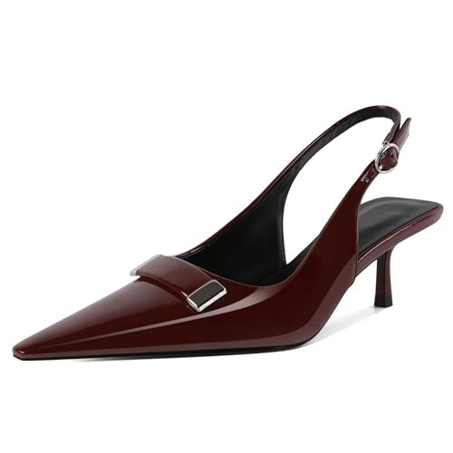 Younton Women's Kitten Heel Slingback Shoes Metal Buckle Kitten Pumps Pointed Toe Elegant Wedding 2 Inch Shoes Burgundy Patent Leather US Size 7 | Amazon (US)